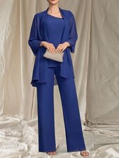 preiswerte Bodenlänge-Jumpsuit  Hosenanzug 3-teilig Kleid der Mutter der Braut Hochzeitsgast Elegantes gewelltes Dekolleté bodenlang Chiffon 3/4-lange Ärmel mit Perlen