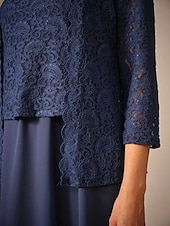 ieftine Rochii Party-Pentru femei Set de rochii Rochie A line Rochii Semi Formale Dantelă Rochii Midi Lungime Manșon 3/4 Pătrat Invitat la nunta Bleumarin Vară Primăvară Fit regulat