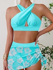 cheap Bikini Sets-Women&#039;s Swimwear Bikini 2 Piece Cheeky Swimsuit Push Up Knitted Vacation Tropical Floral Color Block Halter Neck Sleeveless Bathing Suits
