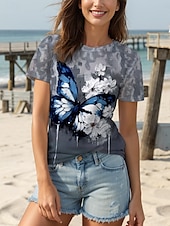 baratos Camiseta de Animais-Mulheres Camiseta Floral Gráfico Borboleta à moda Casual Manga Curta Decote Redondo Tops regulares Diário Final de semana Imprimir Azul Verão Primavera