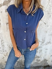 baratos Camisas-Camisola Feminina de Linho e Algodão Top Sem Mangas Cor Sólida Básica Casual Manga Curta Gola Redonda Ajuste Regular Diária Botões Bolsos Branco Azul Marinho Damasco Azul Claro Verão