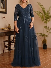 cheap Floor Length-A-Line Mother of the Bride Dress Wedding Guest Elegant V Neck Floor Length Lace Tulle 3/4 Length Sleeve with Beading Appliques 2025