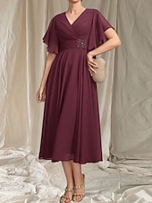 preiswerte Teelänge-A-Linie Brautmutterkleid Hochzeitsgast Elegant V-Ausschnitt Tee-Länge Chiffon Kurzarm mit Applikationen Raffung Midi-Kleid 2025