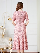 preiswerte Teelänge-A-Linie Kleid Mutter der Braut Kleid Elegant Vintage Party V-Ausschnitt Tee-Länge Kordelspitze Kurzarm mit Spitze Pailletten Midi Kleid
