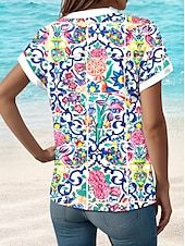 billige Kvinne Boho Topper-Dame skjorte V-hals knappebluse blomster grafisk paisley stilig strand kortermet skjorte krage vanlig topper daglige knapper trykk hvit vår høst