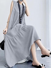 abordables Robes-Femmes Robe Longue Maxi Robe Robes inspirées du lin Robe Décontractée Mode Classique Moderne Vacances Sortir Week-end Coupe régulière Uni Sans manches Col ras du cou Noir Vert Gris Été