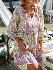 billiga Bohemklänningar-Dam Mini klänning Vardagsklänning Sommarklänning Boho-klänning Mode Utomhus Semester Dagligen Normal Blommig 3/4 ärm V-hals Gul Rodnande Rosa Blå Grön Sommar