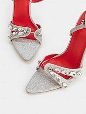 cheap Cocktail-Women&#039;s Silver Glitter Stiletto Sandals – Rhinestone Ankle Strap High Heels for Cocktail Party &amp; Evening Wear