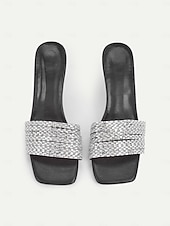 baratos Sandálias de salto-sandálias femininas de salto baixo com strass – mules brilhantes de bico quadrado com salto bloco para festas, eventos noturnos e ocasiões especiais