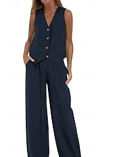 cheap Sets-Women&#039;s Active Basic Linen-Inspired Sets Two Piece Sets Blouse Sleeveless V Neck Solid Color Dubbele Rij Knopen Vacation Casual Daily Black White Wine Summer Regular Fit