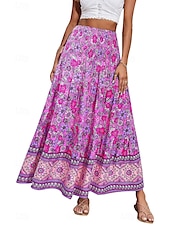 billiga Grafiska kjolar-Dam Kjol Gunga Ledigt Boho Maxi Mellanhög midja Kjolar Blommig Mönster Microelastisk Semester Gata Äppelgrå Violett Svart Mandel Sommar Polyester