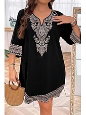 abordables Robes Bohémiennes-Femmes Mini Robe Robe bohème Robe Imprimée Mode Classique Quotidien Plage Week-end Coupe régulière Fleur Demi Manches Col en V Noir Été