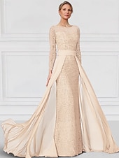 preiswerte Bodenlänge-Kleid  Säulen-Kleid Brautmutter Kleid Elegantes Bateau-Ausschnitt Bodenlang Chiffon Spitze Lange Ärmel mit Spitze Einfarbig