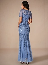 cheap Floor Length-Mermaid / Trumpet Wedding Guest Dresses Elegant Dress Wedding Guest Birthday Floor Length Short Sleeve Crew Neck Tulle with Sequin Embroidery