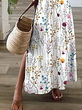 preiswerte Blumenkleid-Damen Maxi Kleid A-Linie Kleid Sommerkleid Elegant Urlaub Urlaub Täglich Reguläre Passform Floral Grafik Kurzarm V-Ausschnitt Weiß Sommer Frühling Herbst