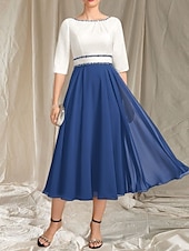 preiswerte Teelänge-A-Linie Brautmutterkleid Hochzeitsgast Elegantes Rundhals Tee-Länge Chiffon Satin Halbarm mit Perlen Raffung Midi Kleid 2025