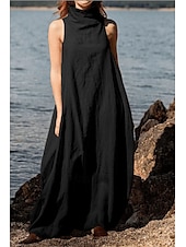 abordables Robes-Femmes Robe Longue Maxi Robe Robes inspirées du lin Robe en coton et lin Mode Classique Moderne Vacances Sortir Week-end Coupe régulière Uni Sans manches Col roulé Noir Kaki Gris foncé Bleu clair Été