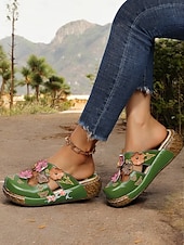 preiswerte Urlaubsandalen-Damen-Clogs aus geblümtem Leder – handgefertigte Slip-On-Pantoletten mit Keilabsatz und Cut-out-Design im Bohème-Stil für Freizeitkleidung und Komfort im Freien