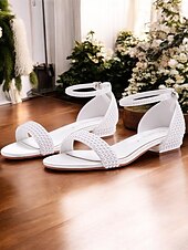 abordables Occasionnel-sandales de mariage plates en perles blanches pour femmes - chaussures de mariée élégantes avec bride à la cheville