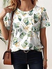 cheap Floral tee-Women&#039;s T Shirt Floral Casual Short Sleeve Round Neck Regular Tops Daily Print Black White Light Green Blue Purple Summer
