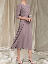 abordables Longueur du thé-Robe Mère de la Mariée A-Line Deux Pièces Invité de Mariage Élégante Col Arrondi Longueur Thé Chiffon Dentelle Manches 3/4 avec Robe Midi Ruchée en Dentelle 2025