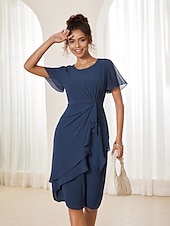 baratos Vestido Simples-Mulheres Vestido Em Camadas Vestido midi Chiffon Nó torcido Convidado do casamento Coquetel Elegante Formal Gola Redonda Manga Curta Borboleta Azul Escuro Cor
