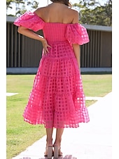 cheap Vacation Dresses-Women&#039;s Midi Dress Graduation Dress Fashion Modern Lantern Sleeve Vacation Graduation Weekend Regular Fit Plain Short Sleeve Off Shoulder Black White Yellow Pink Summer