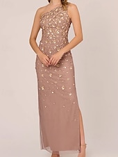 cheap GREEN-Sheath / Column Beaded Gown Celebrity Style Dress Formal Wedding Guest Floor Length Sleeveless One Shoulder Chiffon with Flowers Beading Sequin Slit