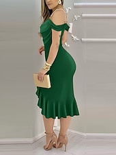 ieftine Bodycon Club Dresses-Pentru femei Rochii Midi Rochie eleganta Elegant Concediu Dată Fit regulat Culoare solidă Manșon scurt Glugă Gât Negru Roșu-aprins Albastru piscină Trifoi Vară