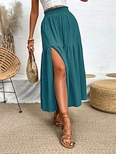 abordables Jupes unies-Femmes Jupe Évasé Mode Occasionnel Maxi Taille haute Jupes Couleur Unie A Volants Fendu Micro-Élastique Décontracté Quotidien Week-end Noir Bleu Vert Été Polyester