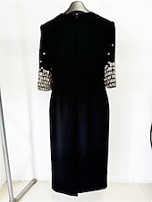 preiswerte Teelänge-Kleid Brautmutter Kleid Elegantes Partykleid Rundhalsausschnitt Knielang Baumwollmischung Halblangarm mit Perlen Midi Kleid