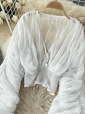 billiga Dressiga toppar-Dam Blus Chiffong toppar Slät Stylish Långärmad Puffärm V-hals Crop Tops Helgdag Utekväll Rynkad Svart Vit Purpur Grön Vår
