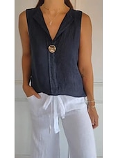 cheap Shirts-Women&#039;s Cotton Linen Shirt Blouse Solid Color Elegant Casual Sleeveless V Neck Regular Tops Daily Holiday Buttons White Navy Blue Green Khaki Summer Spring