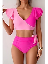 preiswerte Bikini-Sets-Damen Badeanzug Bikini Bademode Hoch tailliert Tropisch Strandbekleidung Farbblock V-förmiger Draht-Ausschnitt Ärmellos Badeanzüge