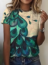 cheap Animals tee-Women&#039;s T Shirt Ombre Graphic Feather Casual Short Sleeve Round Neck Regular Tops Daily Going out Weekend Print Grass Green Sage Green White Yellow Dark Green Summer