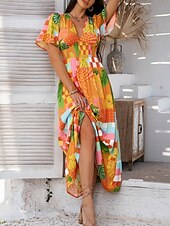 levne Umění a design šaty-Dámské maxi šaty A-line šaty vypasované a rozšířené šaty šaty s nadýchanými rukávy volnočasové dovolená denní běžné střih květinové krátký rukáv V výstřih bílé růžové fialové oranžové léto