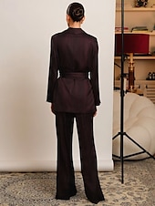 cheap Mom&#039;s Pant Suits-Pantsuit Mother of the Bride Suit Blazer Shawl Lapel Elegant Vintage Simple V Neck Long Sleeve With Wrap on Waist Floor Length Flared Pants Stretch Satin
