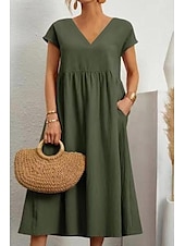 economico Vestiti-Per donna Abito Midi Abiti ispirati al lino Abito in cotone e lino Essenziale Classico Moderno Vacanza Quotidiano Ferie Vestibilità regolare Semplice Manica Corta Scollo a V Nero Verde chiaro Rosa
