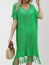 abordables Robes de plage-Maillots de bain pour femmes robe de nage maillot de bain découpé frange vacances vêtements de plage couleur unie col en V manches courtes maillots de bain
