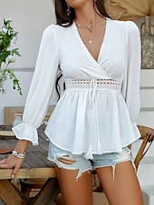 billige Kvinne Enkle Topper-Kvinners Bluse Boho Skjorte Enfarget Stilfull Avslappet Langermet V-Hals Vanlige Topper Daglig Lappverk Utskjæring Sort Hvit Blå Aprikos Sommer Vår