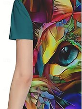 levne trička-Dámské Tričko Letní vrcholy Barevné bloky Kočka Klasické Na běžné nošení Krátký rukáv Tričkový Crop Tops Denní Víkend Tisk Duhová Léto Jaro Podzim