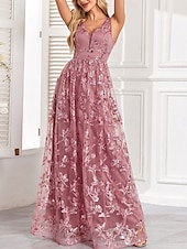levne Večerní šaty-A-line quinceanera šaty elegantní šaty svatba svatební host dlouhé po zem bez rukávů V výstřih tyl bez zad se sklady