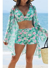 abordables Maillots de bain trois pièces-Femmes Maillots de Bain Trois Pièces Shorts Maillot de bain Tropical Tenues de plage Fleur Fil en V manche longue Maillots de bain