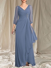 economico Lunghezza del pavimento-Linea ad A Abito da cerimonia per signora Ospite di nozze Elegante Scollo a V Lunghezza al pavimento Chiffon Manica 3/4 con Perline Arricciatura 2025
