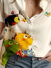 preiswerte Tiere Tops-Damenhemd Langarm Button-Down Bluse Grafik Tier Katze Alltag Stilvolles Kurzarmhemd Kragen Regulär Oberteile Alltag Beige Sommer Frühling