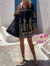 abordables Robes Boho-Femmes Mini Robe Robe trapèze Occasionnel Extérieur Sortir Coupe régulière Graphique Géométrique Manche 3/4 Col en V Noir Été