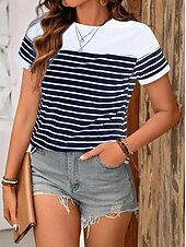 billige Stripe og geometrisk t-skjorte-Dame T skjorte hav Stripet Fritid Kortermet Rund hals Vanlige topper Daglig Ut på byen Helg Trykt mønster Navyblå Sommer
