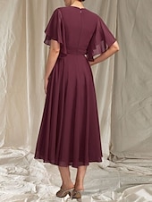 preiswerte Teelänge-A-Linie Brautmutterkleid Hochzeitsgast Elegant V-Ausschnitt Tee-Länge Chiffon Kurzarm mit Applikationen Raffung Midi-Kleid 2025