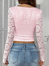 billiga Spets toppar-Dam Skjorta Blus Slät Stylish Sexig Modern Långärmad V-hals Vanliga toppar Dagligen Helgdag Spets Lappverk Svart Vit Rodnande Rosa Rubinrött Marinblå Sommar Vår