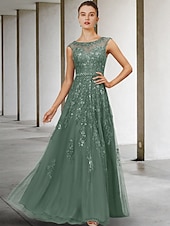 olcso Padlóhossz-A vonalú menyasszonyi anyák ruha esküvői vendég elegáns luxus ékszer nyakú floor length csipke tüll ujjatlan sávval  szalaggal gyöngyözött flitterekkel egyedi méretben
